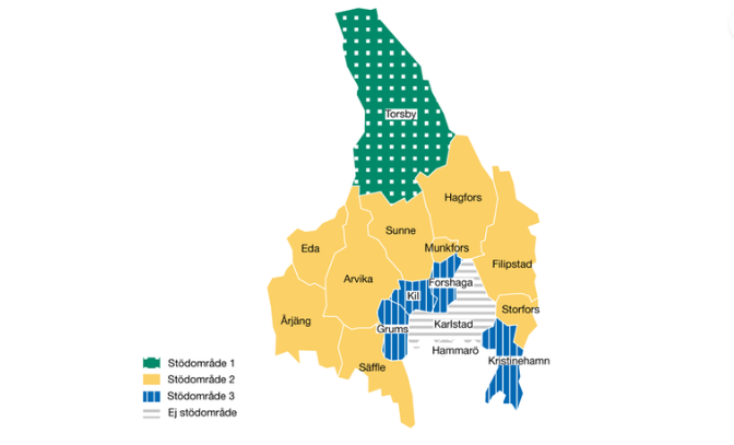 karta över vilka kommuner kan få finansiellt stöd från Region Värmland